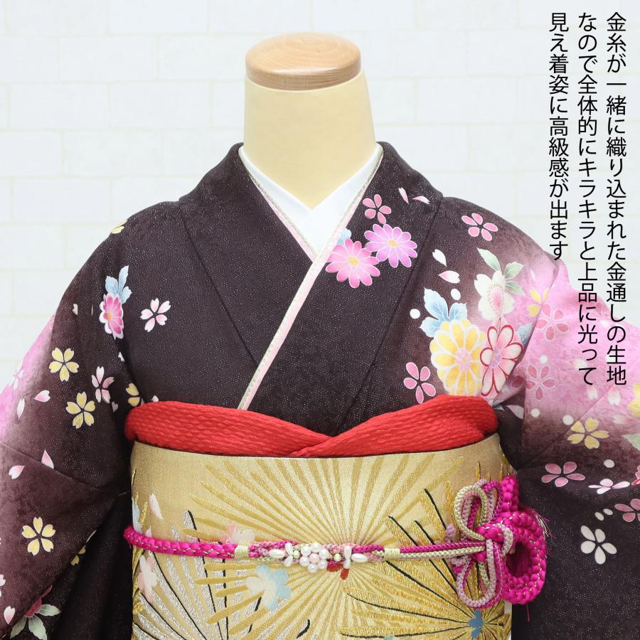 振袖レンタル 成人式 フルセット 1月 振袖 レンタル 茶 桜 ラメ 花 NR
