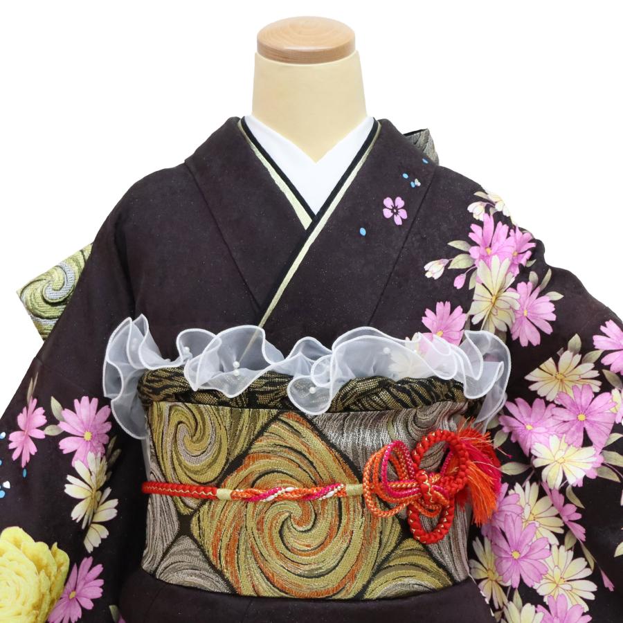 ［本日在庫一掃SALE］ 全て売り切り‼️ 激安最終日‼️えんじ色系×黒地の豪華振袖 振袖 レンタル 成人式 1月 茶色 身長 二十歳の集い 晴れ着 着物 フル