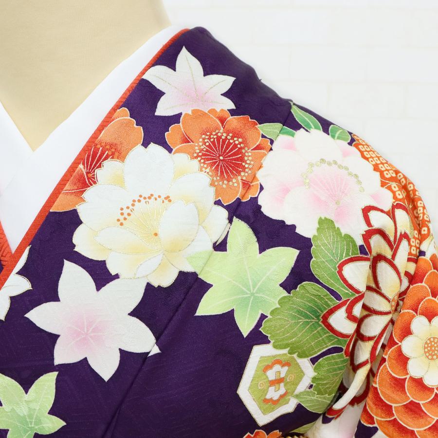 振袖フルセット着物 オレンジ 紫 花柄　駒刺繍 振袖レンタル オフシーズン 2月〜11月 フルセット 結婚式 婚礼 披露宴