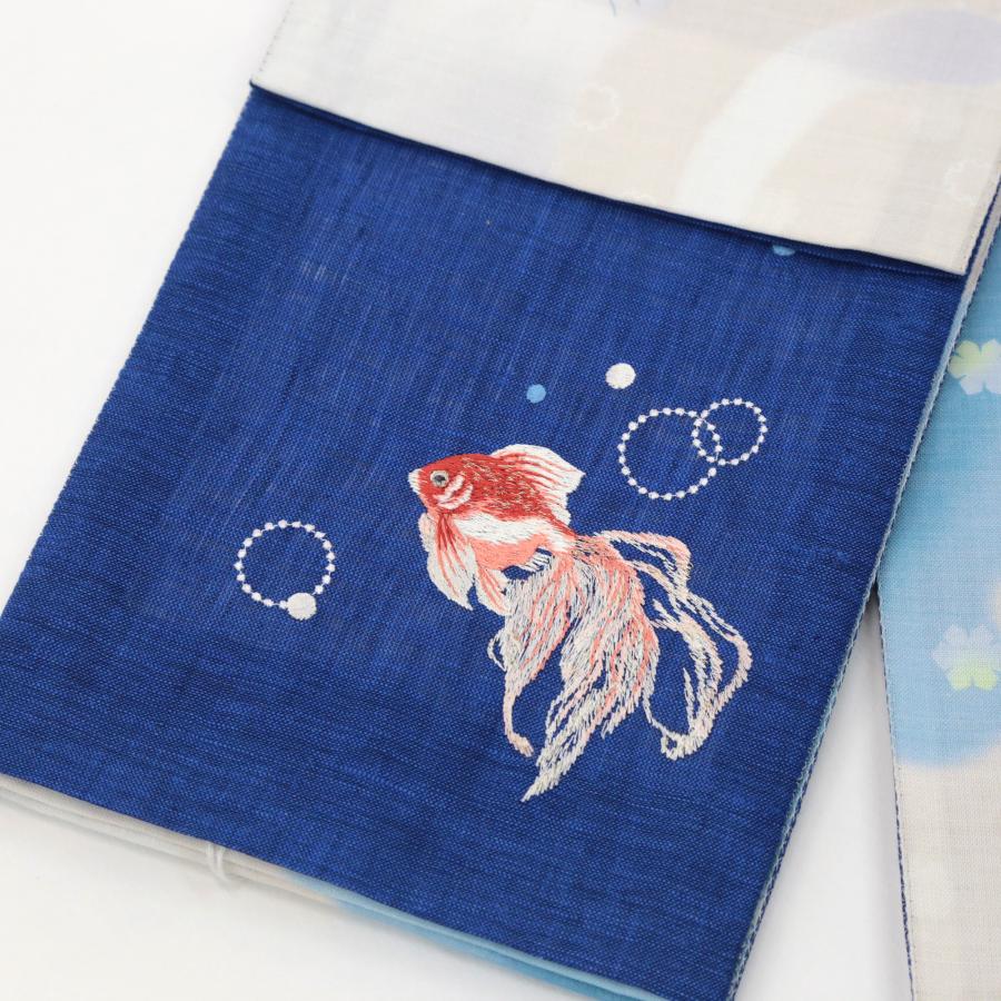 ワッカ 麻 半幅帯 夏帯 長尺 雪輪 猫 ライトグレー ネコ 金魚 刺繍