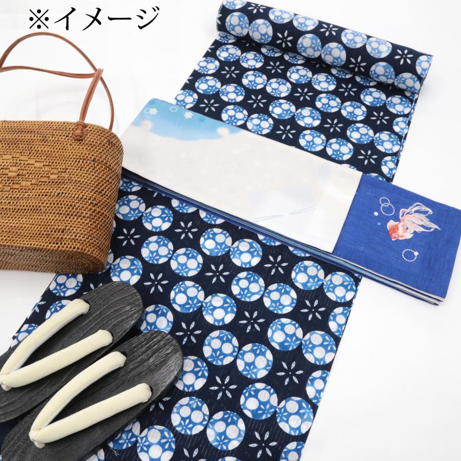 ワッカ 麻 半幅帯 夏帯 長尺 雪輪 猫 ライトグレー ネコ 金魚 刺繍