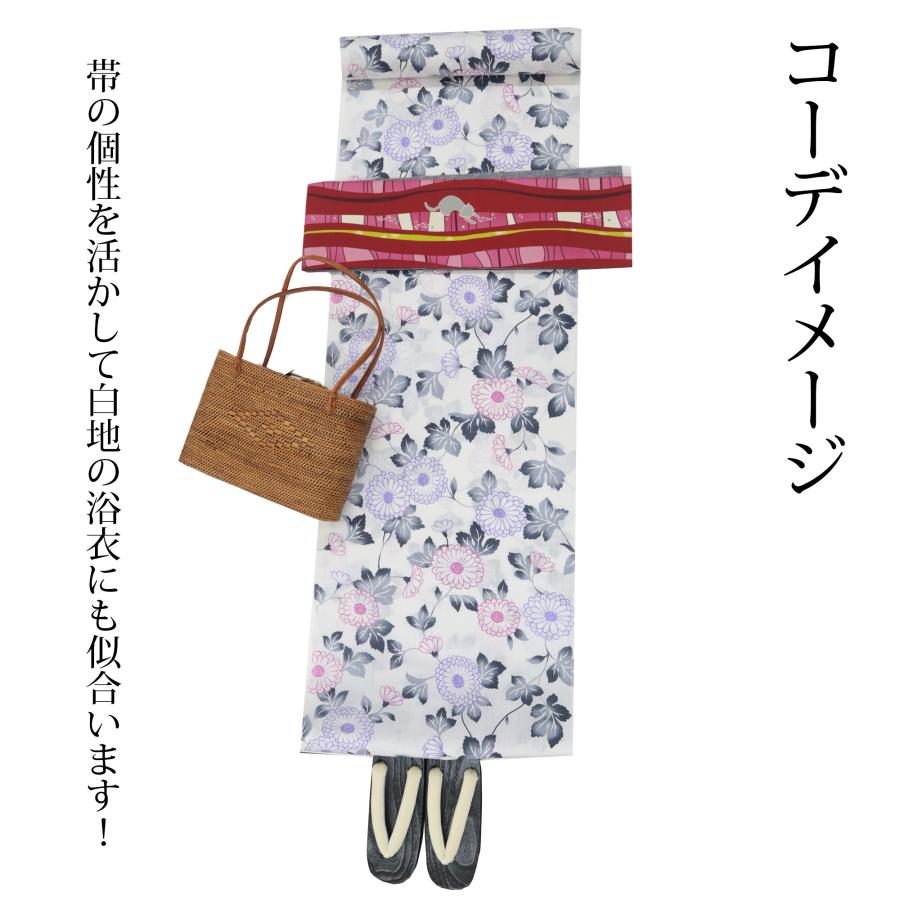ワッカ 麻 半幅帯 夏帯 長尺 赤 猫 ネコ 水槽 灯台 刺繍 グレー 半巾帯