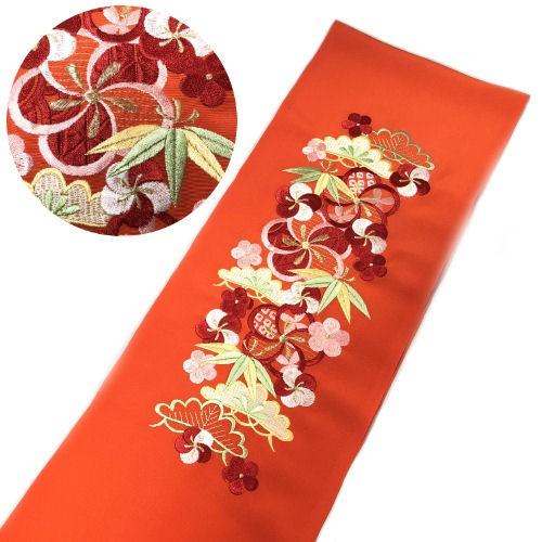 刺繍半衿 洗える刺繍衿 半襟 振袖 長襦袢 オレンジ ねじ梅に松竹梅
