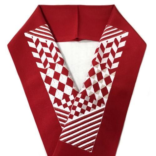 刺繍半衿 洗える刺繍衿 半襟 振袖 長襦袢 幾何学柄 赤 銀 シルエリー