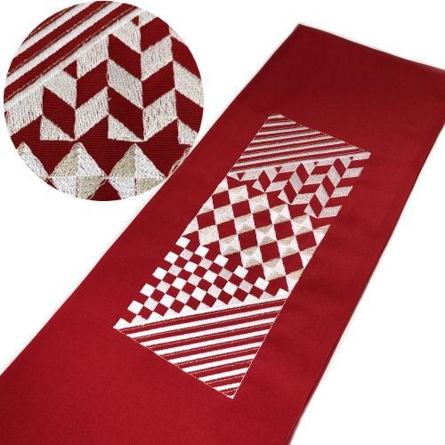 刺繍半衿 洗える刺繍衿 半襟 振袖 長襦袢 幾何学柄 赤 銀 シルエリー