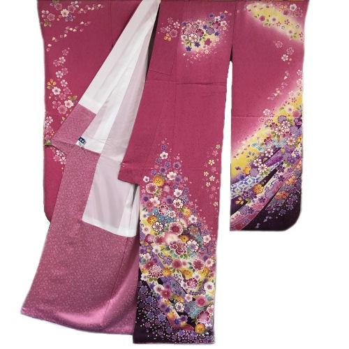 本振袖　お仕立て上がり　成人式　正絹　袷仕立て　ピンク　牡丹　桜　四季花　地模様　古典柄　振袖　日本製　卒業式　結婚式　着物　和服　たとう紙付　単品の画像