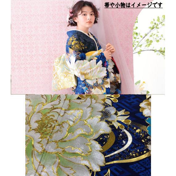 振袖 フルセット豪華6点サイズM〜L送料込み13800円風景花文　金彩 本振袖 お仕立て上がり 成人式 正絹 袷仕立て 金彩友禅 紺地