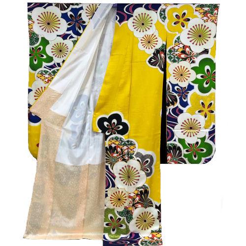 本振袖　お仕立て上がり　成人式　正絹　袷仕立て　イエロー　京友禅　金駒刺繍　梅柄　振袖　古典柄　日本製　卒業式　結婚式　着物　黄色　たとう紙付　単品の画像