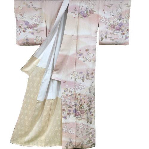 正絹京友禅染め手書き付下 ピンクベージュ季節の花お仕立て上がり 京