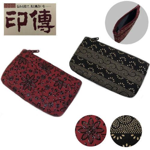 印伝 印傳屋 小銭入れ 財布 ファスナー式 クレマチス柄 赤地黒漆 瓜 