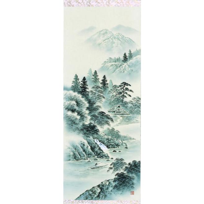掛け軸 掛軸 水墨山水 上田林外 尺五立 54.5×190cm 桐箱収納 山水 水墨山水 水墨画 風景 風水 年中掛け 日本製 タペストリー インテリア 床の間 縁起物 開運の画像