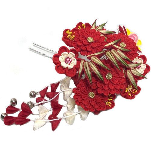 かんざし 簪 つまみ細工 藤下がり バチ型 2本足 赤 髪飾り 成人