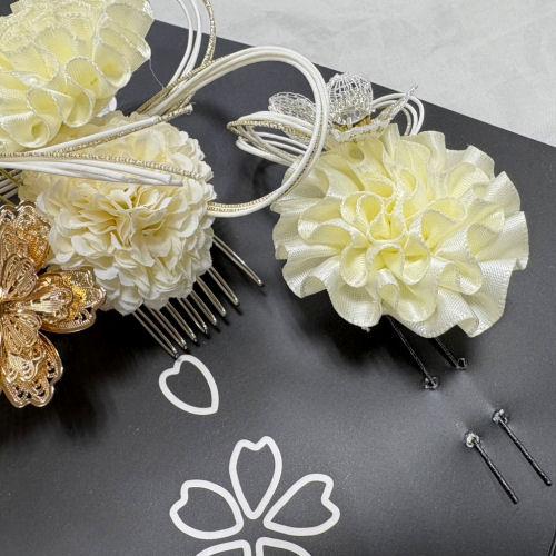 ちりめん髪飾り セット 鶴 水引き 白×ゴールド ハンドメイド つまみ細工 ちりめん髪飾り セット 鶴 水引き 白×ゴールド ハンドメイド