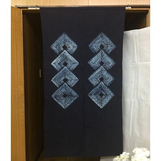 のれん 藍染め絞りのれん 連菱 絞り ロング丈 藍染め 藍色 菱 青 紺 綿