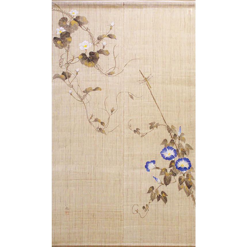 手描き麻暖簾【朝顔】手染 のれん 巾85×151cm　一点物　古布　アンティーク 手描き麻暖簾【朝顔】手染 のれん 巾85×151cm 一点物 古布