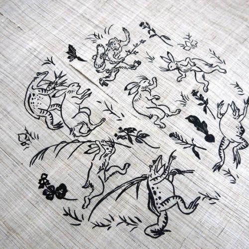 麻のれん 「わいわい」 鳥獣戯画のれん のれん 手描き 万葉舎