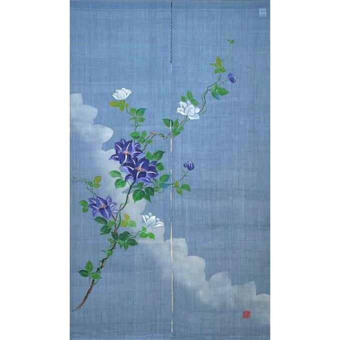 麻のれん 「鉄線」 手描きのれん のれん 本麻 万葉舎 ブルーグレー