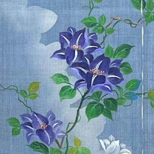 麻のれん 「鉄線」 手描きのれん のれん 本麻 万葉舎 ブルーグレー