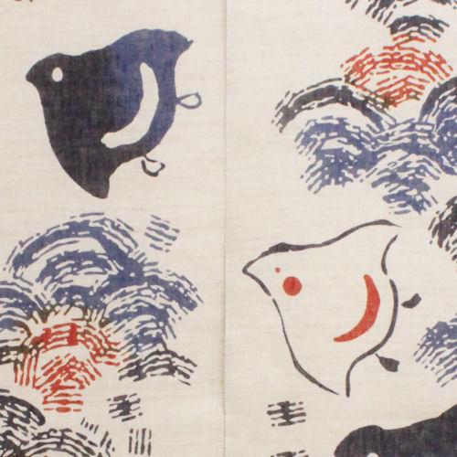 麻のれん 「波に千鳥」 注染藍染のれん のれん 万葉舎 ロング丈 生成り