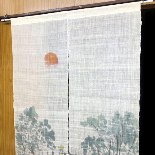 麻のれん 「夏の思い出」 本麻のれん 生成り系 手描き ロング丈