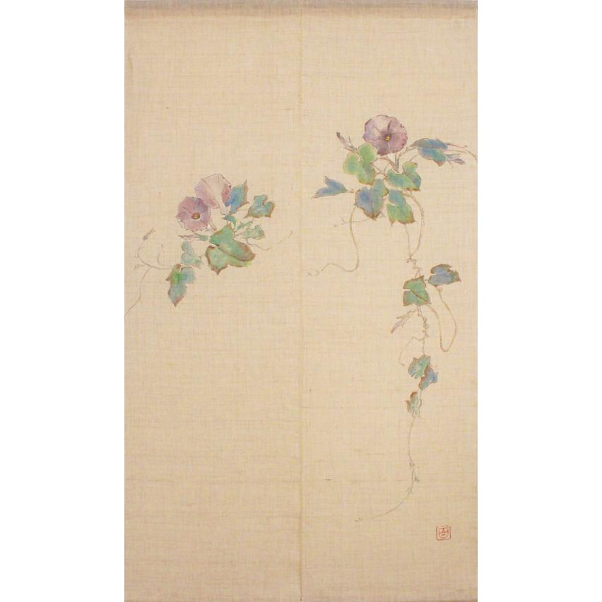 手描き麻暖簾【朝顔】手染 のれん 巾85×151cm　一点物　古布　アンティーク 手描き麻暖簾【朝顔】手染 のれん 巾85×151cm 一点物 古布