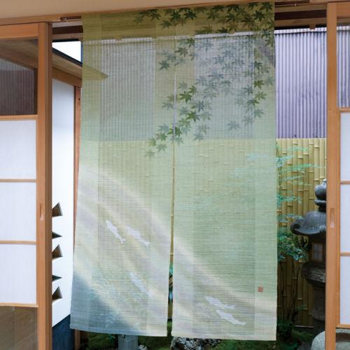 麻のれん 手染め麻のれん 楓に鮎 すかしのれん 本麻のれん 薄手 洛柿庵