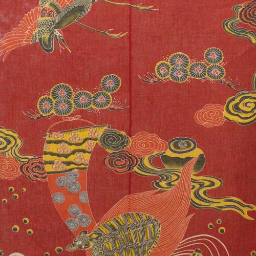 プロフ必読　万葉舎麻のれん 漆染めのれん 鶴 朱赤 サイズ:88×150cm 麻のれん 「鶴亀文様」 本型染めのれん のれん 本麻 万葉舎 鶴 亀 長寿