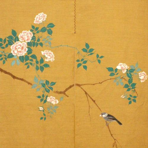 麻のれん 「薔薇に文鳥」 手描きのれん のれん 本麻 万葉舎 ロング丈