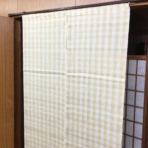本麻のれん 縞格子 薄地 イエロー 麻のれん ロング丈 インテリア 暖簾