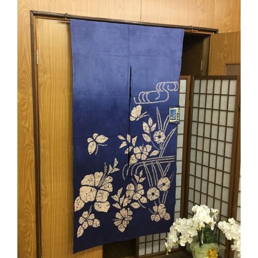 藍染めのれん のれん ロング丈 おしゃれ 朝顔に蝶々 ぼかし染め
