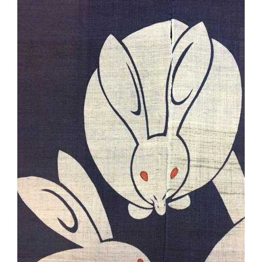 本麻のれん いろは兎 兎三匹 うさぎ 紺地 和風 麻のれん 手描き ロング