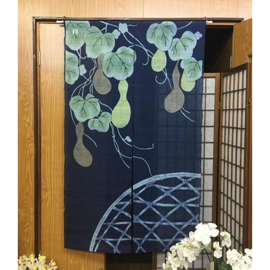 本麻のれん 瓢箪 紺地 和風麻のれん 手描き ロング丈 インテリア 暖簾 のれん 麻100％ ひょうたん ネイビー 白 麻 88cm×