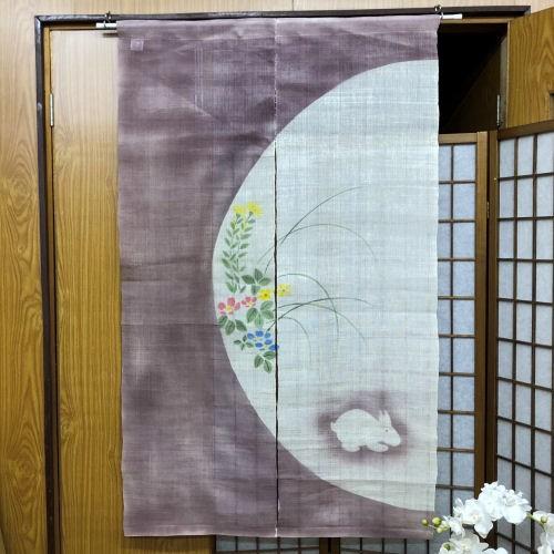 本麻のれん ロング丈 和風麻のれん 半月にうさぎ 薄紫 生成り ぼかし
