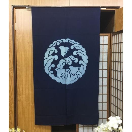◯特大の、藍手染め暖簾、綿100% タテ、ヨコ、2m弱(64cm X 3枚組) のれん ロング丈 抜染暖簾 「対浪に千鳥」 紺 藍 インテリア
