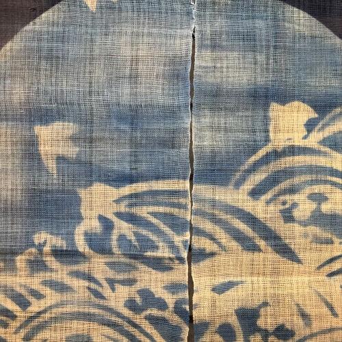 本麻のれん ロング丈 和風 麻のれん 「波に千鳥」 紺 ネイビー