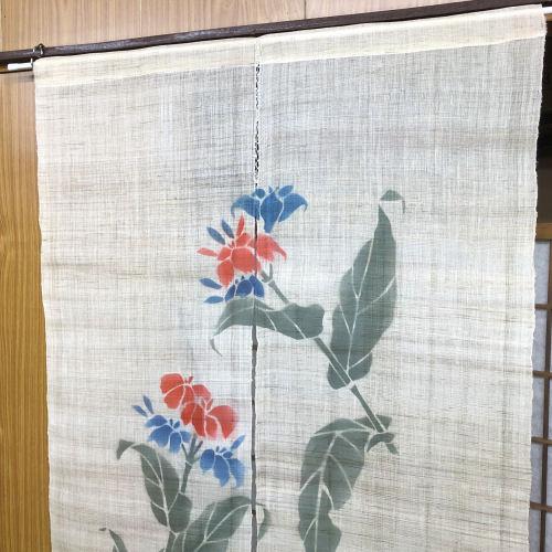 本麻のれん ロング丈 和風 麻のれん 「花しょうぶ」 花菖蒲 アイボリー