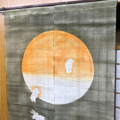 本麻のれん ロング丈 和風 麻のれん 「満月にウサギ」 月 兎 うさぎ
