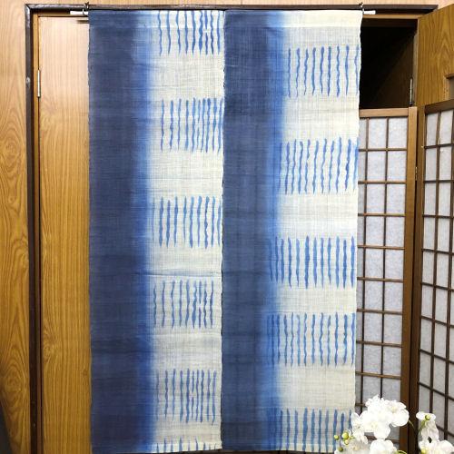 本麻のれん ロング丈 麻のれん 立枠に市松縞 ネイビー 紺 青 生成り 手描き インテリア 暖簾 のれん 麻暖簾 麻100％ 麻のれん