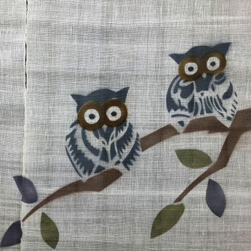 本麻のれん ロング丈 和風 麻のれん 「ふくろう」 生成り 手描き