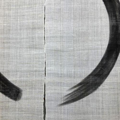 本麻のれん ロング丈 和風 麻のれん 「円相」 手描き 円想 生成り色 墨