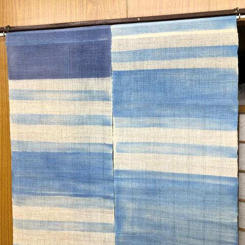 本麻のれん 115cm丈 和風 麻のれん 市松模様 ブルー 生成り色