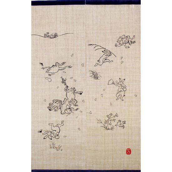 麻のれん 手描きのれん 「宴」 鳥獣戯画のれん 万葉舎 ロング丈 麻のれん 手描きのれん 「宴」 鳥獣戯画のれん 万葉舎 ロング丈