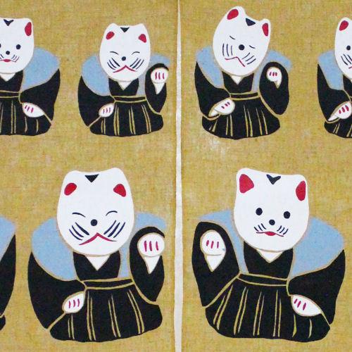 招き猫図麻暖簾　張り子猫　手描き猫麻暖簾　のれん　麻暖簾　タペストリー 麻のれん 「招福猫」 型染めのれん のれん 本麻 猫 招き猫 ねこ 万葉舎