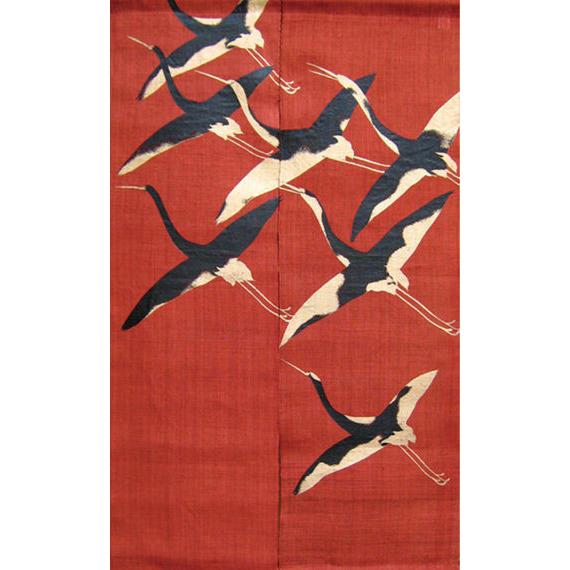 プロフ必読 万葉舎麻のれん 漆染めのれん 鶴 朱赤 サイズ:88×150cm