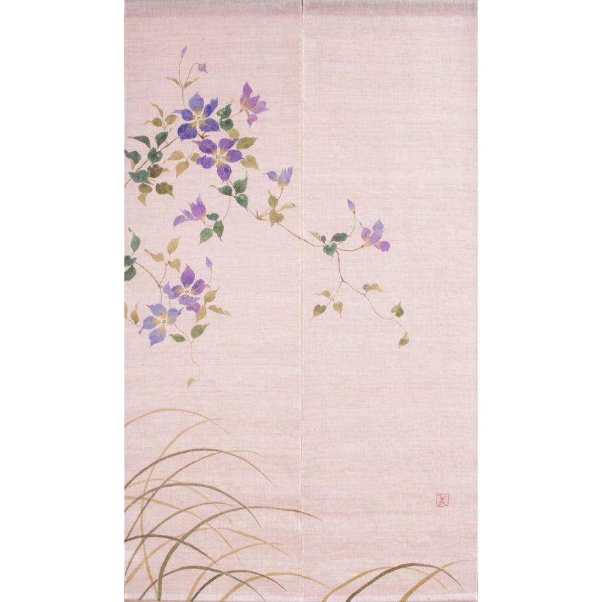 麻のれん 「露芝に鉄線」 手描きのれん のれん 本麻 万葉舎 薄紫系
