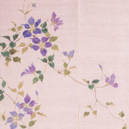 麻のれん 「露芝に鉄線」 手描きのれん のれん 本麻 万葉舎 薄紫系