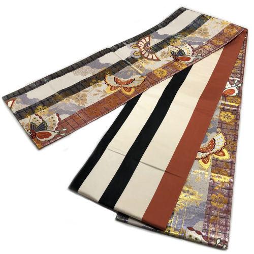 袋帯 お仕立て上がり 西陣織 六通 絹 蝶々柄 グレー 金彩 正絹 六通  