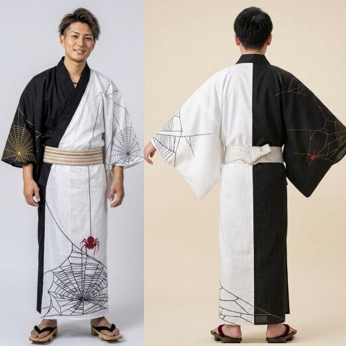 【新品未使用】浴衣　ゆかた　Lサイズ　白✖黒ホワイト✖ブラック L 男物浴衣 「スパイダー」ゆかた Lサイズ 高機能素材「COOLPASS」 浴衣