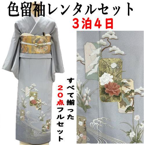 レンタル 色留袖 京友禅 フリーサイズ 薄グレー系 古典柄 比翼仕立 