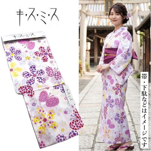 レディース　仕立て上がり　浴衣　白×紫　縦縞　地模様　蝶柄　スッキリ　ストライプ 浴衣 レディース キスミス 白 パープル ブランド浴衣 蝶々 お仕立て
